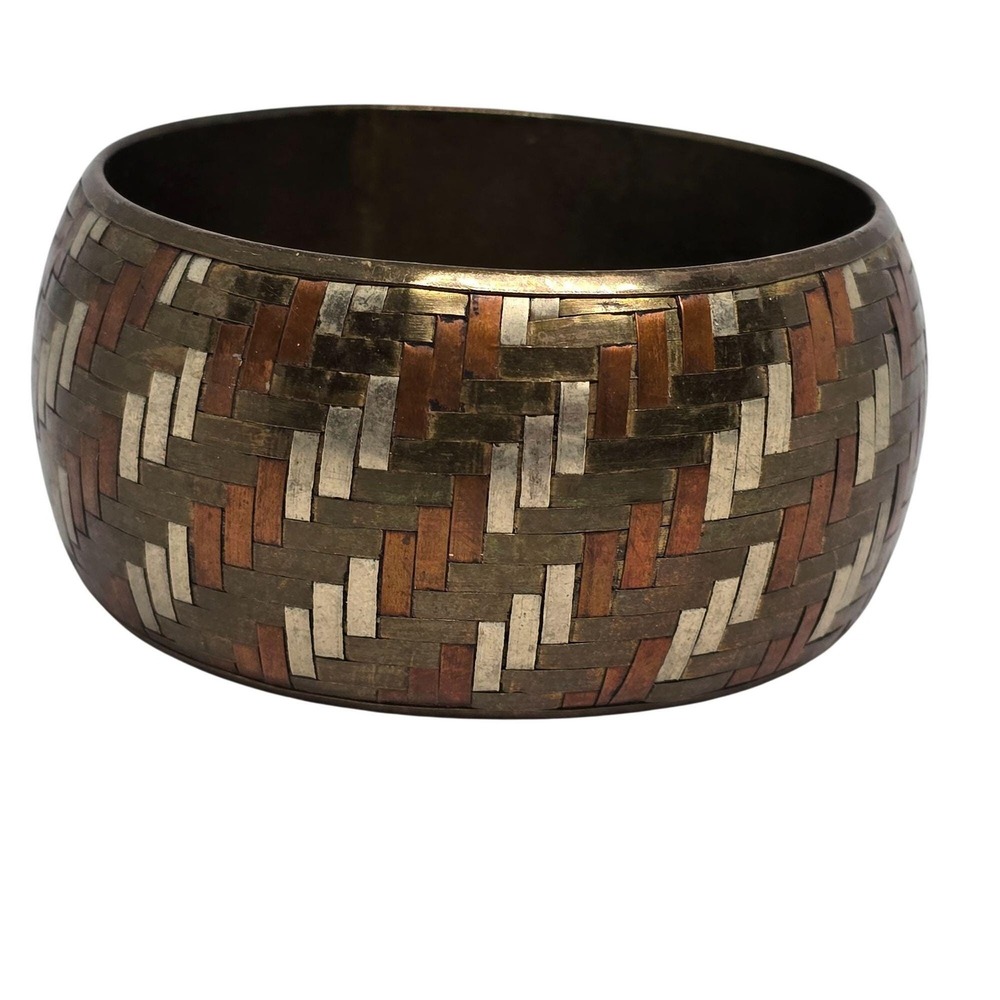 Vtg Mixed Metal Inlay Wide Bangle Bracelet Copper Brass Silver Tone Woven Patern